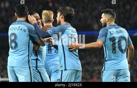 MANCHESTER, ENGLAND - NOVEMBER 1, 2016: City players celebrate after a goal scored by Ilkay Gundogan (not in the picture) during the UEFA Champions League Group C game between Manchester City and FC Barcelona at City of Manchester Stadium. Copyright: Cosmin Iftode/Picstaff Stock Photo