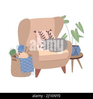 Sleeping cat in a chair. Illustration with an pet resting in an easy chair, next to a basket with knitting. Cozy vector composition in flat style Stock Vector