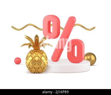 3d discount percentages podium with golden pineapple vector illustration. Pink sales luxury interior items and expensive things. Bright twisted decora Stock Vector