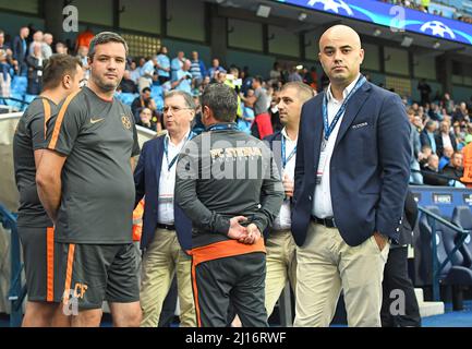 MANCHESTER, ENGLAND - AUGUST 24, 2016: FCSB press officer Catalin Fainisi (R) pictured prior to the second leg of the 2016/17 UEFA Champions League tie between Manchester City (Engalnd) and FCSB (Romania) at Etihad Stadium. Copyright: Cosmin Iftode/Picstaff Stock Photo