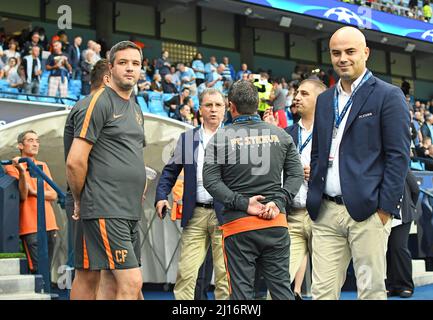 MANCHESTER, ENGLAND - AUGUST 24, 2016: FCSB press officer Catalin Fainisi (R) pictured prior to the second leg of the 2016/17 UEFA Champions League tie between Manchester City (Engalnd) and FCSB (Romania) at Etihad Stadium. Copyright: Cosmin Iftode/Picstaff Stock Photo