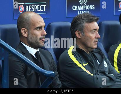 MANCHESTER, ENGLAND - AUGUST 24, 2016: City Manager Josep Guardiola (L) pictured during the second leg of the 2016/17 UEFA Champions League tie between Manchester City (Engalnd) and FCSB (Romania) at Etihad Stadium. Copyright: Cosmin Iftode/Picstaff Stock Photo