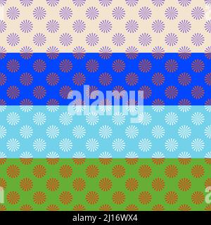 Vector Seamless Pattern : 4 rows of different colors pattern with geometry shapes circle and lines to formulate objects lookalike flowers Stock Vector