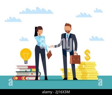 Sponsorship of innovations. Buying and selling ideas. Woman with light bulbs, businessman give money for information. Investing in knowledge and new Stock Vector