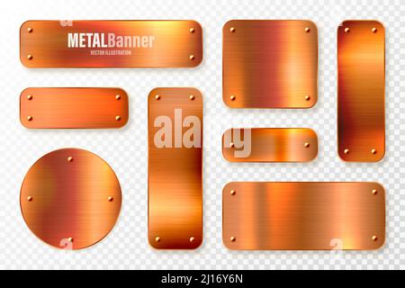 Realistic copper banners collection. Brushed stainless steel plate with rivets. Polished metal surface. Scratched industrial texture, metal background Stock Vector