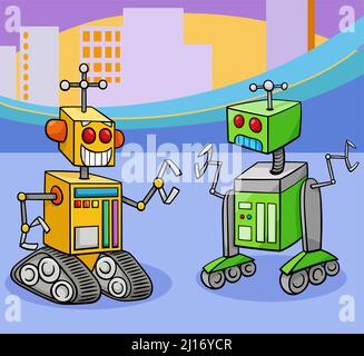 Cartoon illustration of two robots comic characters talking Stock Vector