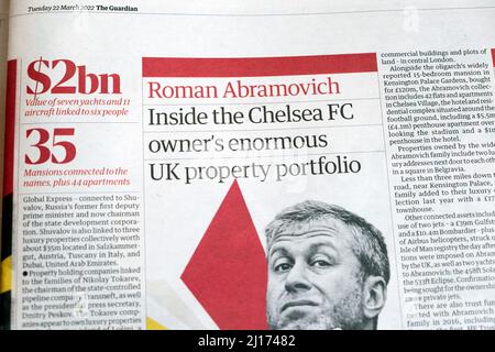 'Roman Abramovich Inside the Chelsea FC owner 's enormous UK property portfolio' Guardian newspaper headline Abramovich Chelsea  22 March 2022 London Stock Photo