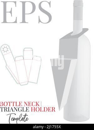 Bottle neck triangle box template with die cut lines, vector. White clear black bottle neck holder isolated on white background with perspective prese Stock Vector