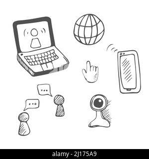 Set of vector doodle element related to work from home. Set of hand drawn work from home symbols and icons Stock Vector