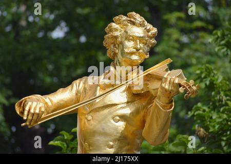 Golden statue of Johann Strauss located in Stadpark. Famous sightseeing (tourist attraction) in Vienna, Austria Stock Photo