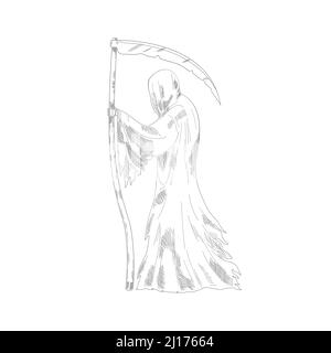 Drawing grim reaper. Sketch of death with a scythe. Vector illustration of vintage sketch death with scythe isolated on white background. Stock Vector