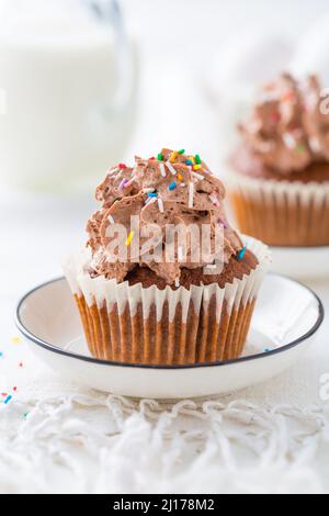 Homemade chocolate cupcakes with chocolate whipping cream Stock Photo