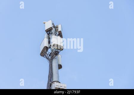 Cellular macro Base Transceiver Station. Telecommunication tower. Wireless Communication Antenna Transmitter. Development of communication systems in Stock Photo