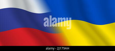 Russia and Ukraine banner flags, waving side by side. Russian Federation and Ukraine negotiation, partnership vector background with copy space. Stock Vector