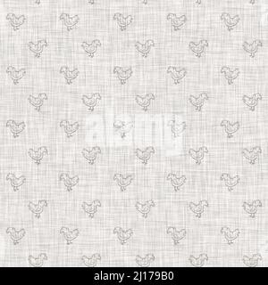 Farmhouse grey chicken hen linen seamless pattern. Tonal french country cottage style farm animal background. Simple vintage rustic fabric textile Stock Photo