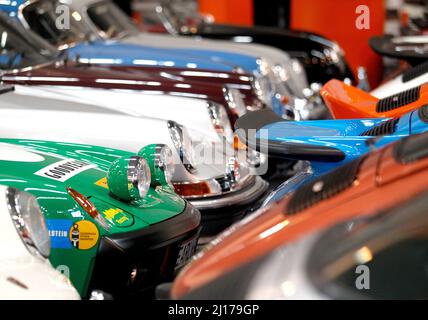 Essen, Germany. 23rd Mar, 2022. The most diverse Porsche classic cars are on a stand at the Techno-Classica. At Techno-Classica, around 2700 exhibits will be on display in all eight halls at Messe Essen from 23 to 27 March 2022. Credit: Roland Weihrauch/dpa/Alamy Live News Stock Photo