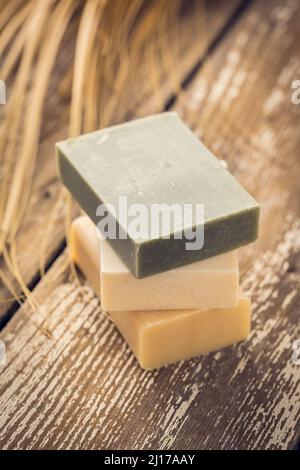 Natural handmade soap on a wooden background.Handmade natural eco soap, selective focus. Stock Photo