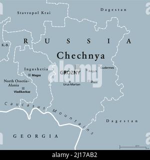 Chechnya, gray political map with capital Grozny and borders. Chechen Republic, a republic of Russia, and part of the North Caucasus Federal District. Stock Photo