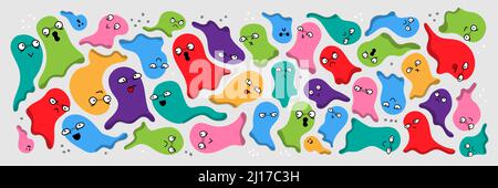 Vector set of multi colored shapes, ghosts. Funny comic cute characters and doodles. Cartoon background, design Stock Vector