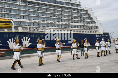 Tunis, Tunisia. 23rd Mar, 2022. The first cruise ship of the tourist season arrives at the port of La Goulette in Tunis, Tunisia on March 23, 2022 from Europe, with more than 800 tourists on board, since 2019 due to the coronavirus pandemic. Tunisia plans to welcome a total of 38 cruise ships during the year 2022, recalling that in 2010, Tunisia welcomed more than one million cruise tourists. (photo by Mahjoub Yassine/Sipa USA ) Credit: Sipa USA/Alamy Live News Stock Photo