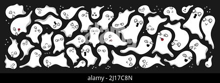 Vector set of white cute ghosts on black background. Funny comic cute characters and doodles. Cartoon background, design Stock Vector