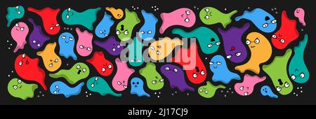 Vector set of multi colored shapes, ghosts on dark background. Funny comic cute characters and doodles. Stock Vector