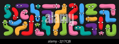 Vector illustration. Set of multi colored shapes, snakes on dark background. Funny comic cute characters and doodles. Stock Vector