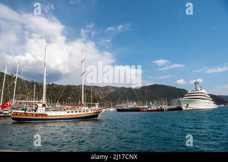 Marmaris, Turkey – March 23, 2022. View of Netsel Marina in Marmaris resort town in Turkey, with M/Y Eclipse superyacht owned by  Russian oligarch Roman Abramovich, on the right. Stock Photo