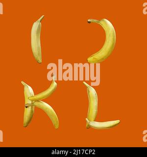 3D rendering of banana fruit capital letters alphabet - letters I-L Stock Photo