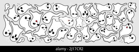 Vector set of white cute ghosts on gray background. Funny comic cute characters and doodles. Cartoon background, design Stock Vector