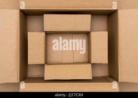 Empty open rectangular cardboard boxes, close up view. Stock Photo