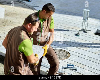 Blue-collar workers carrying paving stone for installing on sidewalk Stock Photo