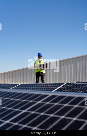 Technician working on laptop by solar panels Stock Photo