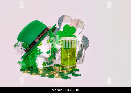 Stilllife of St. Patrick's Day decor with green beer and lost of copy space and background. Stock Photo