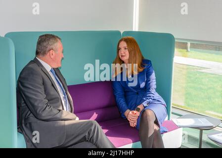 Rathkeltair House, Downpatrick, 23 March 2022 - Minister for Finance, Conor Murphy (Sinn Fein) and Head of the NI Civil Service, Jane Brady, launch the new Connect 2 Hub allowing civil service staff to work in a flexible state-of-the-art office environment. Stock Photo