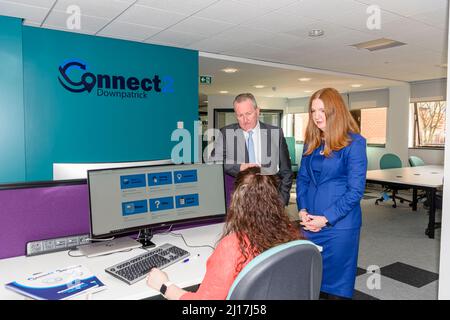 Rathkeltair House, Downpatrick, 23 March 2022 - Minister for Finance, Conor Murphy (Sinn Fein) and Head of the NI Civil Service, Jane Brady, launch the new Connect 2 Hub allowing civil service staff to work in a flexible state-of-the-art office environment. Stock Photo