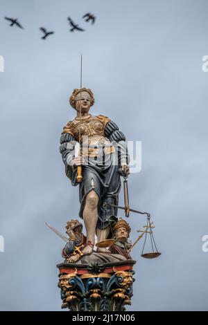 Switzerland, Canton of Bern, Bern, Statue of Lady Justice on Gerechtigkeitsbrunnen fountain Stock Photo