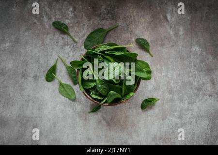 Leaves of fresh baby spinach in a Bowl. Top view of dark organic green leaves. Healthy vegan food lifestyle concept Stock Photo