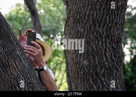 Elderly man taking picture through smart phone at Krka National Park, Sibenik-Knin, Croatia Stock Photo