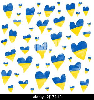 Ukraine flag icons in the shape of hearts on white background Stock Photo