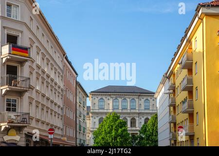 Germany, Bavaria, Munich, Townhouses with Academy of Fine Arts in background Stock Photo