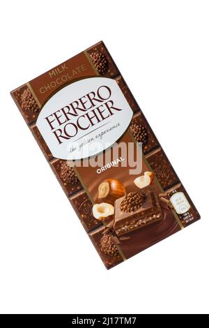 milk chocolate Ferrero Rocher chocolate bar original, the golden experience on white background - milk chocolate bar with hazelnuts & cocoa filling Stock Photo