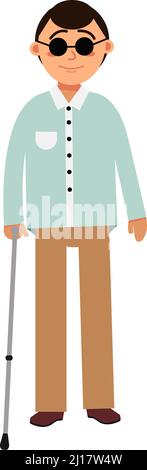 Blind man with walking cane. Disabled person in black sunglasses with stick Stock Vector