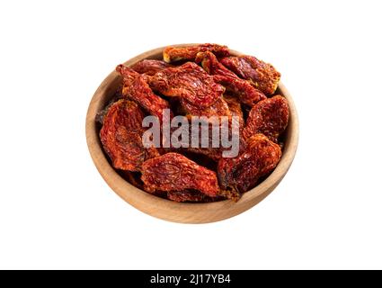 Bowl of dried tomatoes on white background, top view Stock Photo