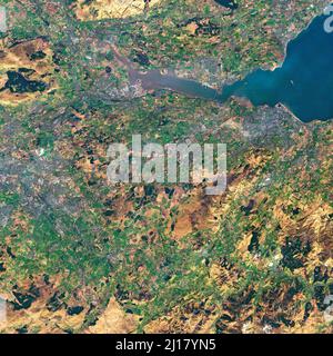 SCOTLAND, UK - 08 March 2022 - This amazing satellite image from Landsat 9 shows West Lothian, Midlothian, East Lothian, Fife, Edinburgh and much of t Stock Photo