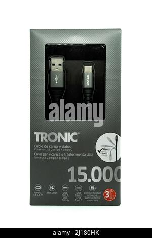 Madrid, Spain. March 19, 2022. Tronic brand USB C data and charging cable isolated on white background with 3 years warranty. Stock Photo