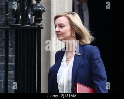 London, UK. 23rd Mar, 2022. Foreign Secretary Liz Truss leaves Downing Street No 10 after the weekly Cabinet Meeting ahead of the budget. Credit: Uwe Deffner/Alamy Live News Stock Photo