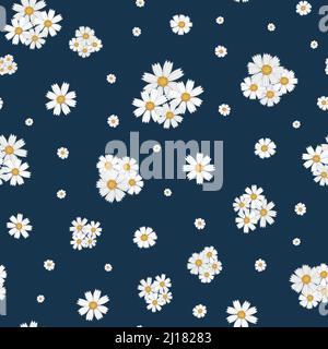 Chamomile floral seamless vector pattern background. Scattered groups of flower heads of ancient medicinal herb on blue backdrop. Painterly botanical Stock Vector