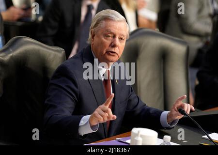 U.S. Senator Lindsey Graham (R-SC) asks questions on the third day Senate nomination hearings of Judge Ketanji Brown Jackson to be an Associate Justice of the Supreme Court of the United States on Capitol Hill in Washington on March 23, 2022. Photo by Yuri Gripas/ABACAPRESS.COM Stock Photo