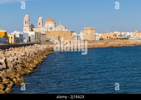 Cadiz, Spain - 16 August, 2021: panorama cityscape view of the historic city center in Cadiz, from the port, Andalusia. Spain Stock Photo